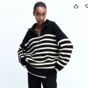 H&M Women's Sweater Black & White Stripe Half Zip Size Medium